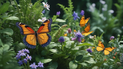 Obraz premium Verdant Vitality Honoring: Nature's Vitality Display, Regal Creature, Flowers, Butterflies, Biodiversity Day, Generative AI