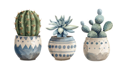 Set of three element different mixed cactus isolated on transparent background.