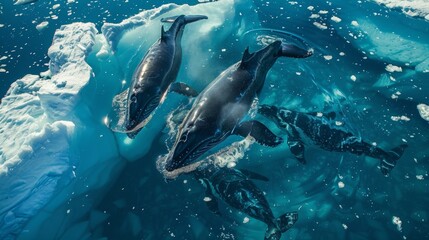Obraz premium A pod of majestic whales swimming in the partially melted waters of a sea ice melt pond.