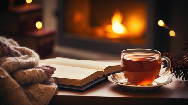 Cozy winter tea time with a steaming mug of herbal tea, a thick knit blanket, and a book, fireplace gently blurred in the background creating a warm ambiance