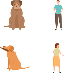 Set of friendly cartoon people standing with playful pet dogs isolated on white background