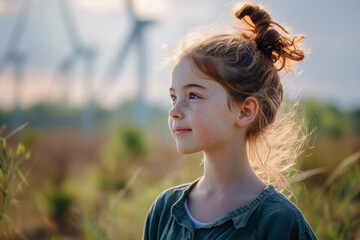 A young girl is standing in a field of yellow flowers, looking up at the sky see a wind turbine for green energy and CO2 emission reduction