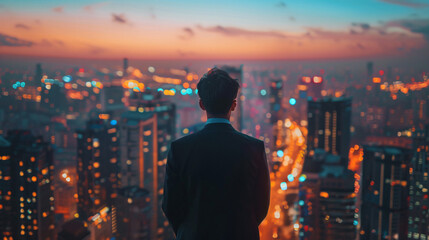 Man in a suit gazing thoughtfully at a colorful city skyline at sunset