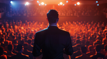 Man speaking to a focused audience from behind in a conference hall