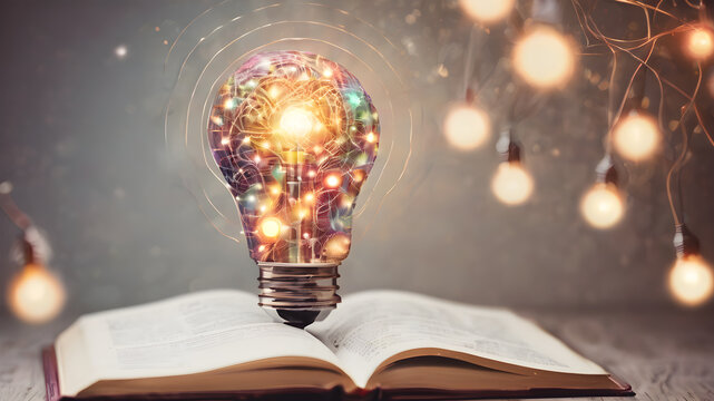  Light bulb on the Book. Education concept. Searching for new ideas. AI generated image