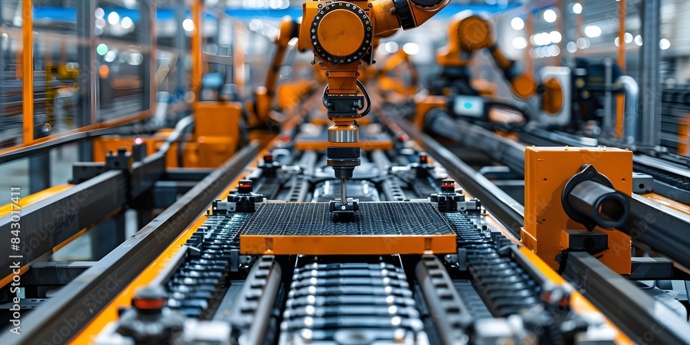 Poster hightech factory production line with digital interface. concept high-tech manufacturing, factory au