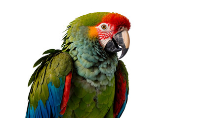 Obraz premium A green and red Macauw parrot is standing on a transparent background