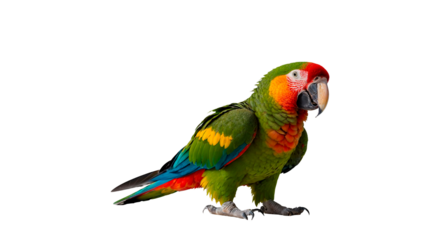 A colorful parrot is standing on a transparent background