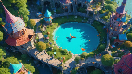 Fototapeta premium Mystical Aerial Realm: Breathtaking Panorama of Fantasy Terrain, Ethereal Beauty, Generative AI