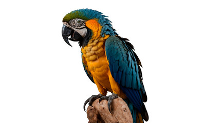 A blue and yellow Macauw parrot is perched on a branch. Transparent background
