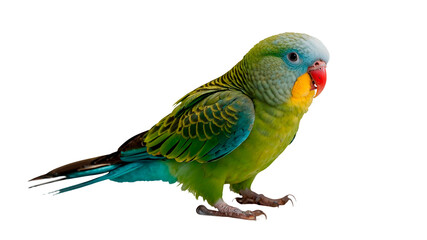 A green and blue Parakeet parrot is standing on a transparent background