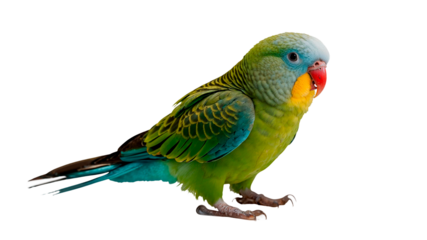 A green and blue Parakeet parrot is standing on a transparent background