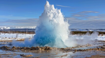 Naklejka premium The powerful force of a geyser erupting captured in a single moment.