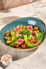 Fresh Tuna Salad with Roasted Potatoes and Tomatoes - Authentic Summer Still Life with Natural Texture