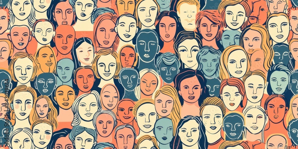 Poster pattern of diverse faces, representing the global community and diversity in the style of handdrawn 