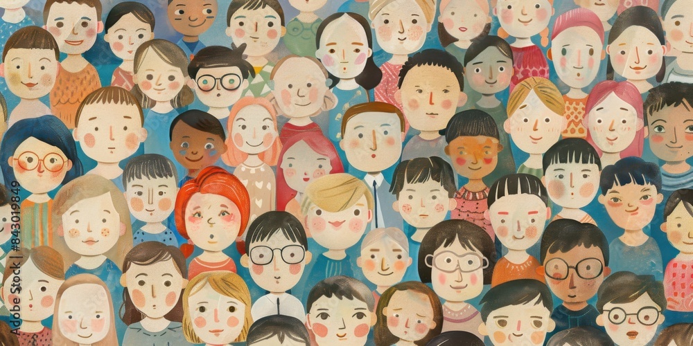 Poster many people from different ethnicities and genders, all with unique expressions and styles, arranged
