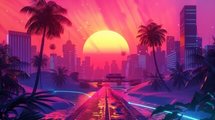 Fototapeta premium a futuristic city with palm trees and a sunset