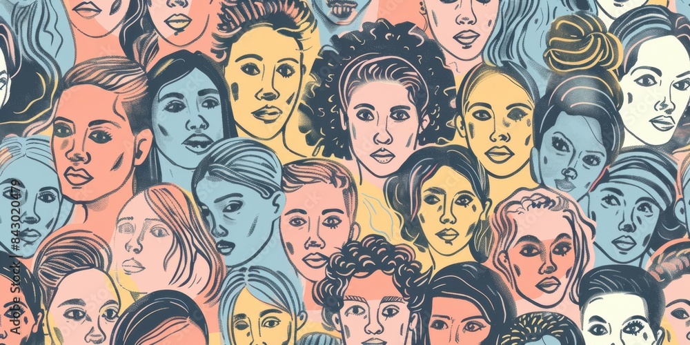 Poster pattern of diverse faces, representing the global community background is a soft pastel color to hig