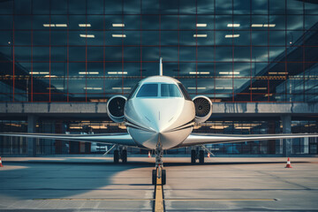 Fototapeta premium Business private jet parked at the airport terminal facing the camera. Luxury transportation 