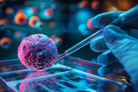Cancer detection and screening as treatment method, cell or virus model with pipette and gloved doctor or researcher hand

