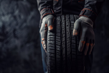 Car tire service and hands of mechanic holding new tire on dark background with space for text or inscriptions, vulcanization advertising
