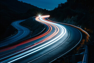 Cars illuminate tracks at night on curved asphalt mountain close up and space for text or inscriptions, long expo car night
