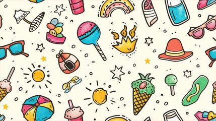 Summertime Fun, A Whimsical Doodle of Sun, Ice Cream, Sunglasses, and More
