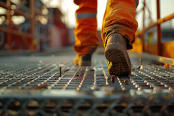 Close up of a worker walking on a metal platform during construction, rear view
