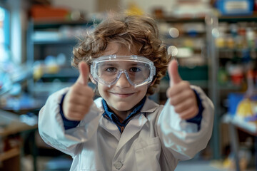 boy in lab coat with thumbs up and safety glasses in chemistry classroom, learning chemistry in primary school
