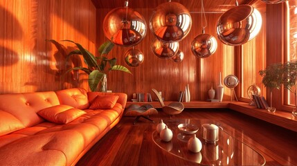 A 70s living room with an orange leather couch, wood paneling, and unique spherical light fixtures