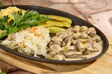 Authentic Beef Stroganoff with Mashed Potatoes, Pickles, and Cabbage – Natural Still Life Aesthetic