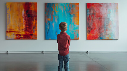 Little boy looking at modern art paint in a art gallery, front of boy has two paint art with frame...