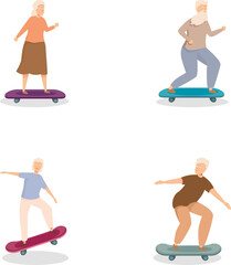 Collection of illustrations featuring energetic elderly individuals enjoying skateboarding