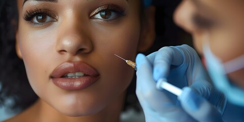 Skilled doctor enhancing lips with injections ample space for text. Concept Lip Augmentation, Cosmetic Injections, Medical Professional, Beauty Enhancement, Text Space