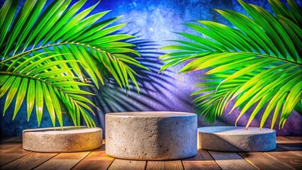 Naklejka premium Pedestal with palm leaves in a vibrant setting.