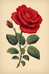 vintage style illustrated red rose, red rose illustration vintage style vintage vibe