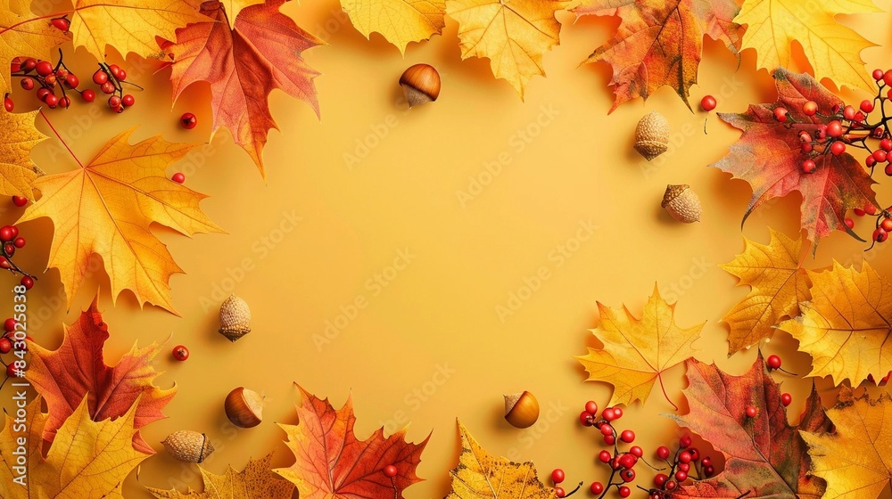 Poster autumn background of yellow and orange maple leaves interspersed with red rowan berries, nuts and acorns with free space in the center for inserting text 
