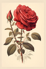vintage style illustrated red rose, red rose illustration vintage style vintage vibe