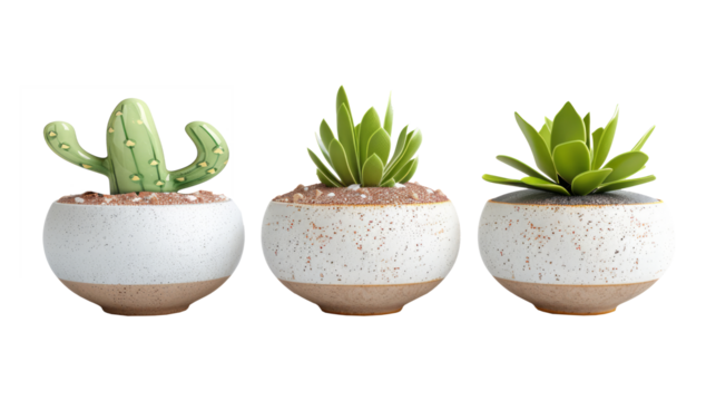 Set of three element different mixed cactus isolated on transparent background.