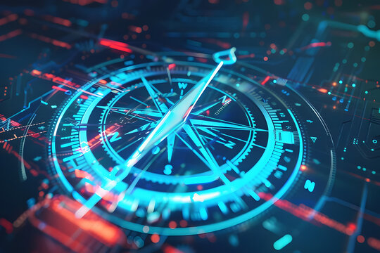 vibrant blue compass needle pointing towards digital transformation symbol in futuristic 3d rendering. generative ai