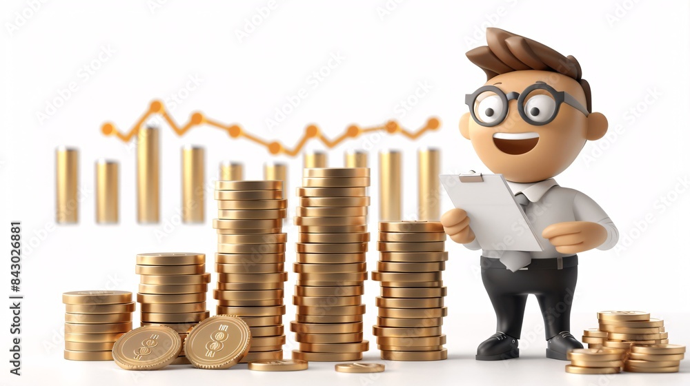 Poster a cheerful 3d cartoon character holding a clipboard and a stack of gold coins, standing next to a ba