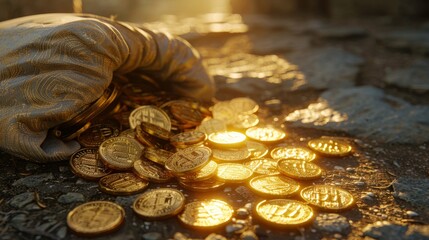 A gold bag filled with gold coins sits on a wooden floor