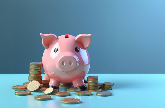 Cerdo alcanc&iacute;a con columnas de monedas alrededor. Concepto de ahorro y abundancia.