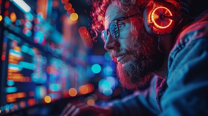 A DJ with glowing headphones engaged at a music panel backlit by neon lights