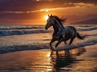 Shiny black horse galloping, running along a beach during an evening sunset with background of vibrant sky with gentle waves rolling in from the ocean