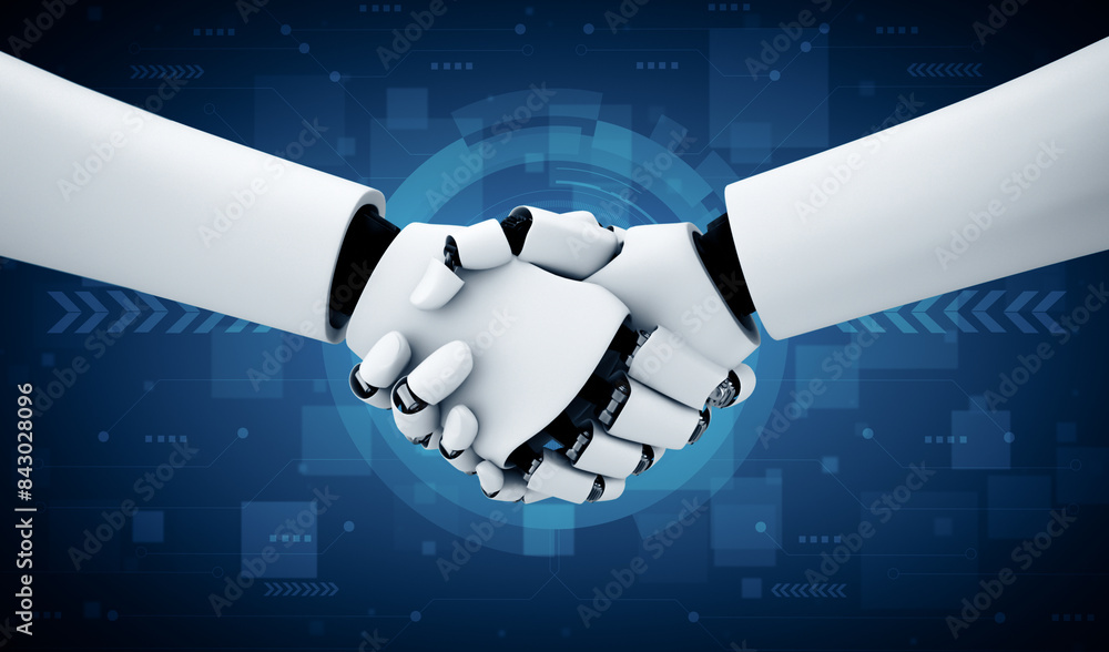 Poster mlp 3d illustration humanoid robot handshake to collaborate future technology development by ai thin