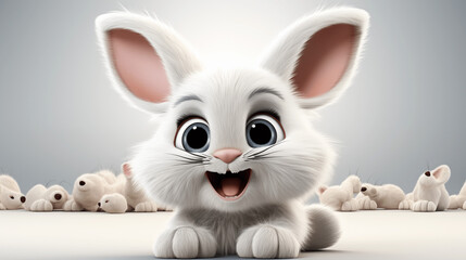 Obraz premium 3D cartoon little white rabbit with dolls isolated on white background