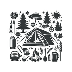 Naklejka premium Camping silhouette or Summer camp Clip art isolated vector illustration on a white background