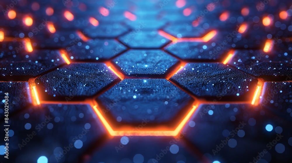 Poster detailed view of a digital hexagonal pattern with red neon lighting, symbolizing connectivity and ad