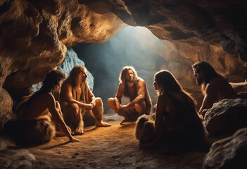 Neanderthal prehistoric people in the cave